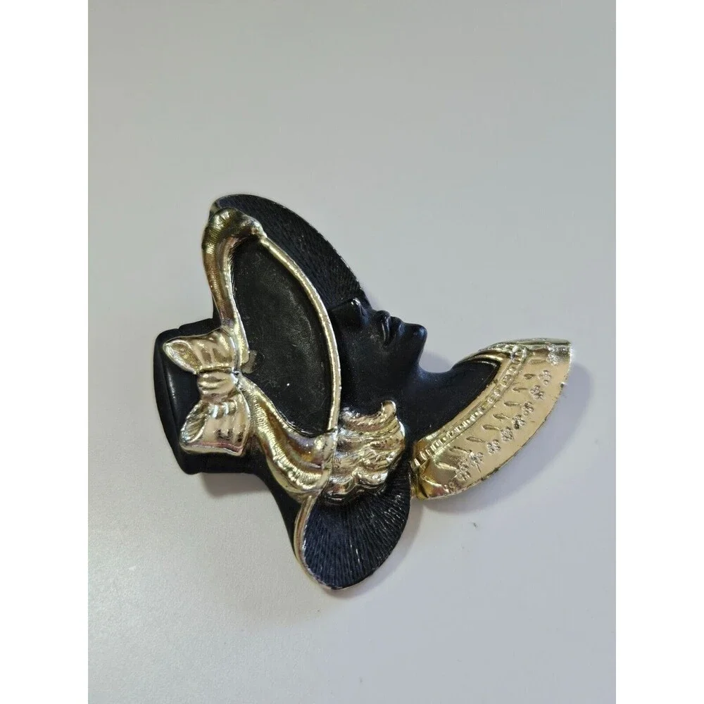 Torino gold tone black matte brooch silhouette vintage hat fancy